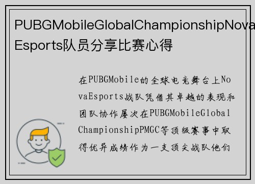 PUBGMobileGlobalChampionshipNovaEsports队员分享比赛心得