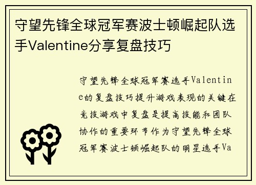 守望先锋全球冠军赛波士顿崛起队选手Valentine分享复盘技巧