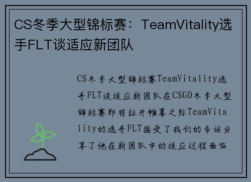 CS冬季大型锦标赛：TeamVitality选手FLT谈适应新团队