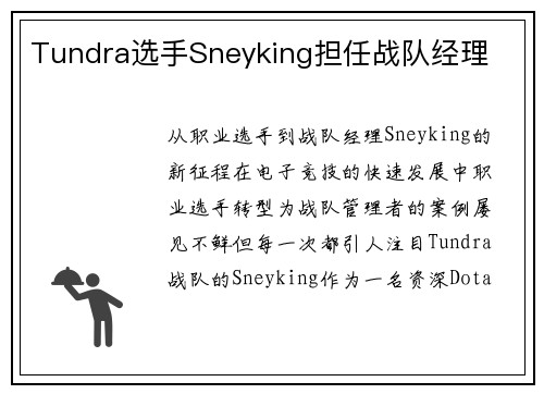 Tundra选手Sneyking担任战队经理